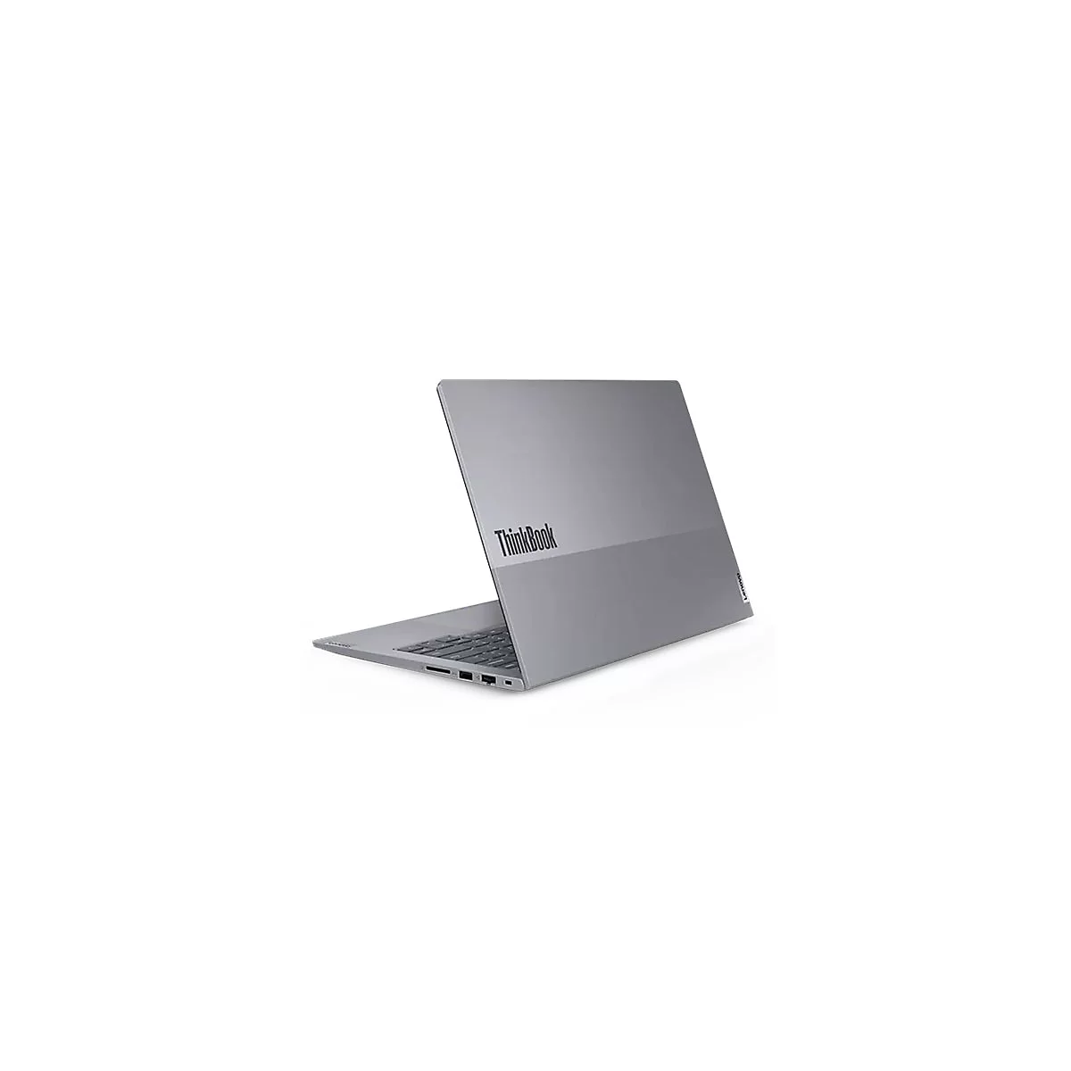 Graues Lenovo ThinkBook-Laptop. Auf der Oberseite steht "ThinkBook".