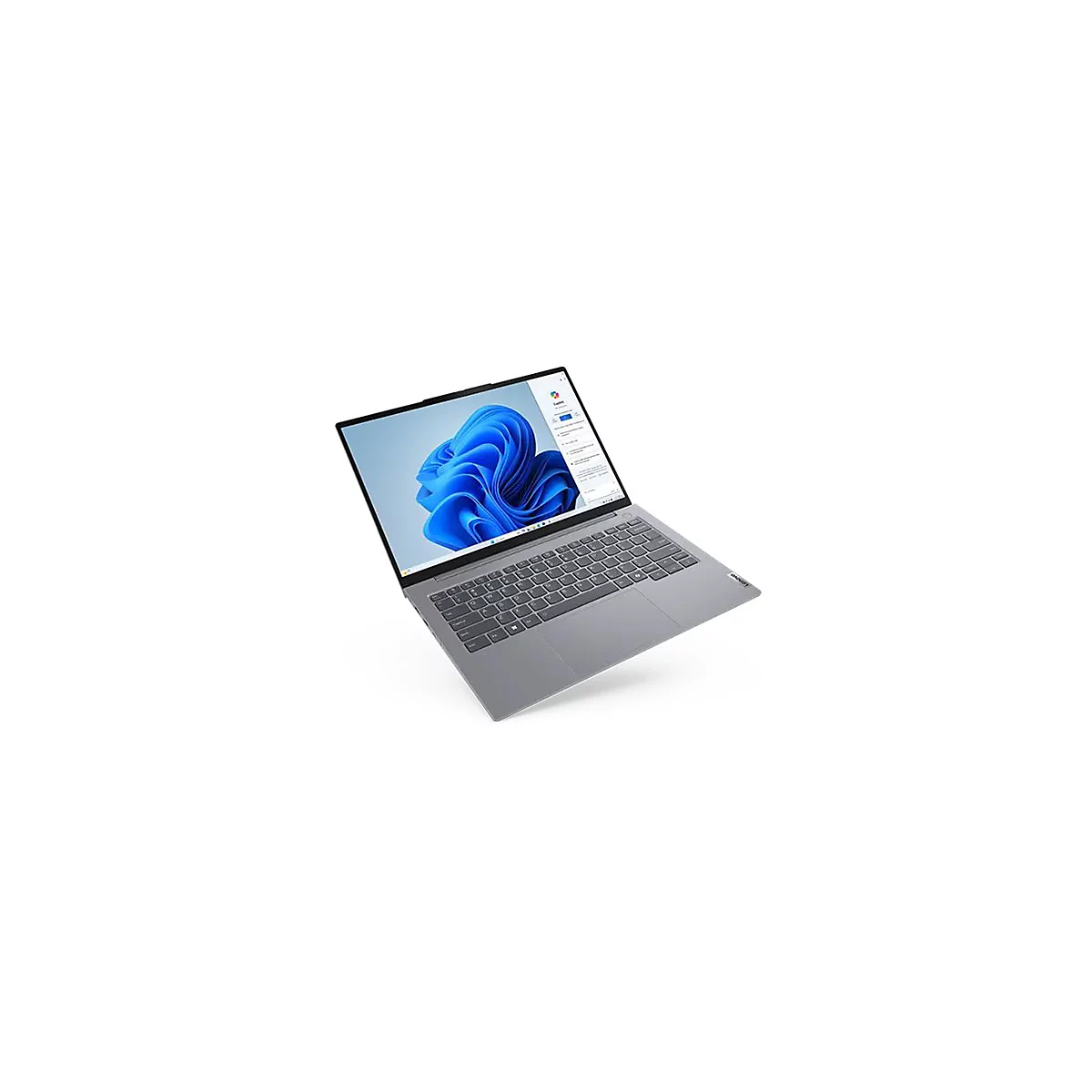 Graues Lenovo-Laptop, geöffnet, mit Windows 11-Hintergrund. Die Tastatur ist deutlich erkennbar.