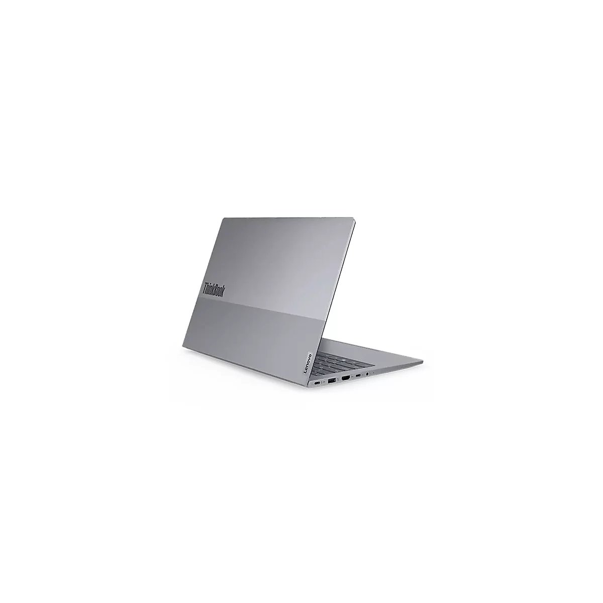 Graues ThinkBook-Laptop, leicht angewinkelt. Auf dem Deckel steht ThinkBook, am unteren Rand steht Lenovo.
