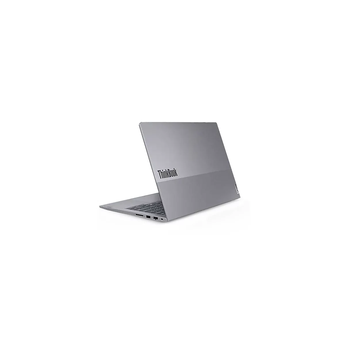 Graues Lenovo ThinkBook-Laptop-Gehäuse mit geöffnetem Display. Der Schriftzug ThinkBook ist deutlich sichtbar.