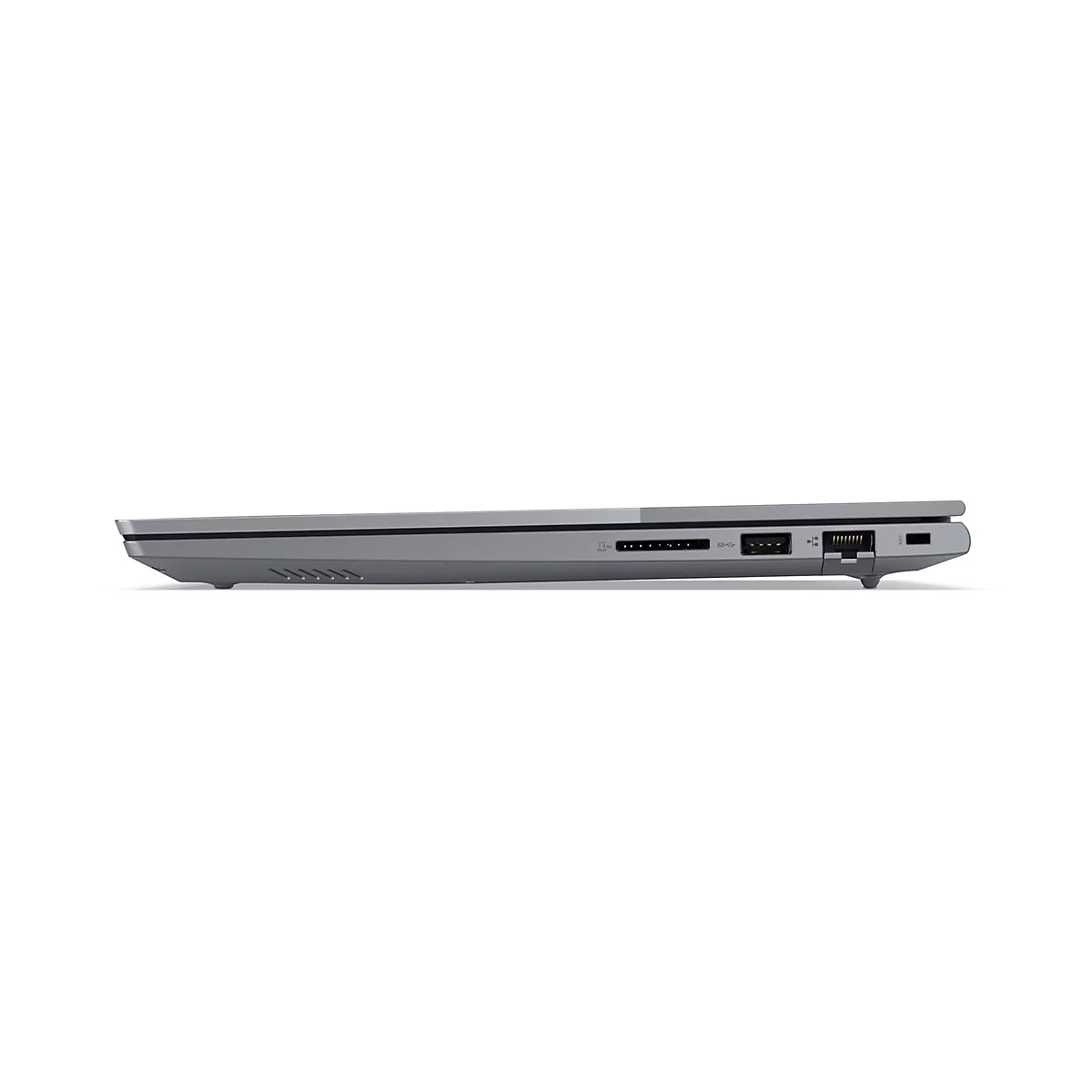 Grauer Laptop von der Seite. Sichtbar sind AnschlÃ¼sse, LÃ¼ftungsschlitze und das dÃ¼nne Profil.
