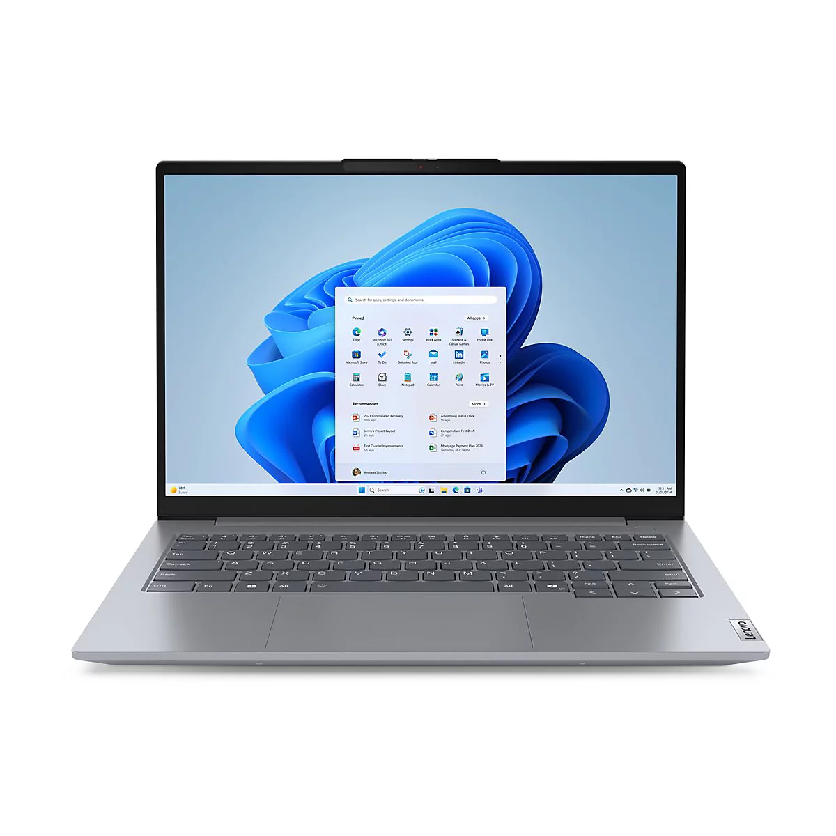 Ein Laptop mit Windows 11-OberflÃ¤che. Auf dem Bildschirm erscheint ein MenÃ¼ mit App-Symbolen. Der Laptop hat eine graue Farbe.