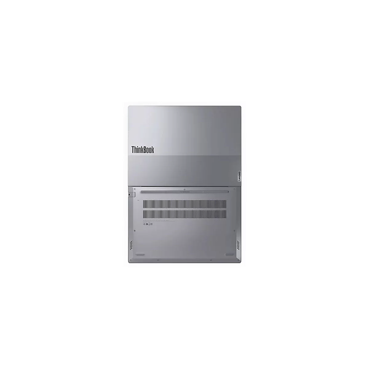 Silberfarbenes Lenovo ThinkBook Laptop, Ansicht von unten und leicht geöffnet. Auf der Oberseite steht ThinkBook, seitlich Lenovo.