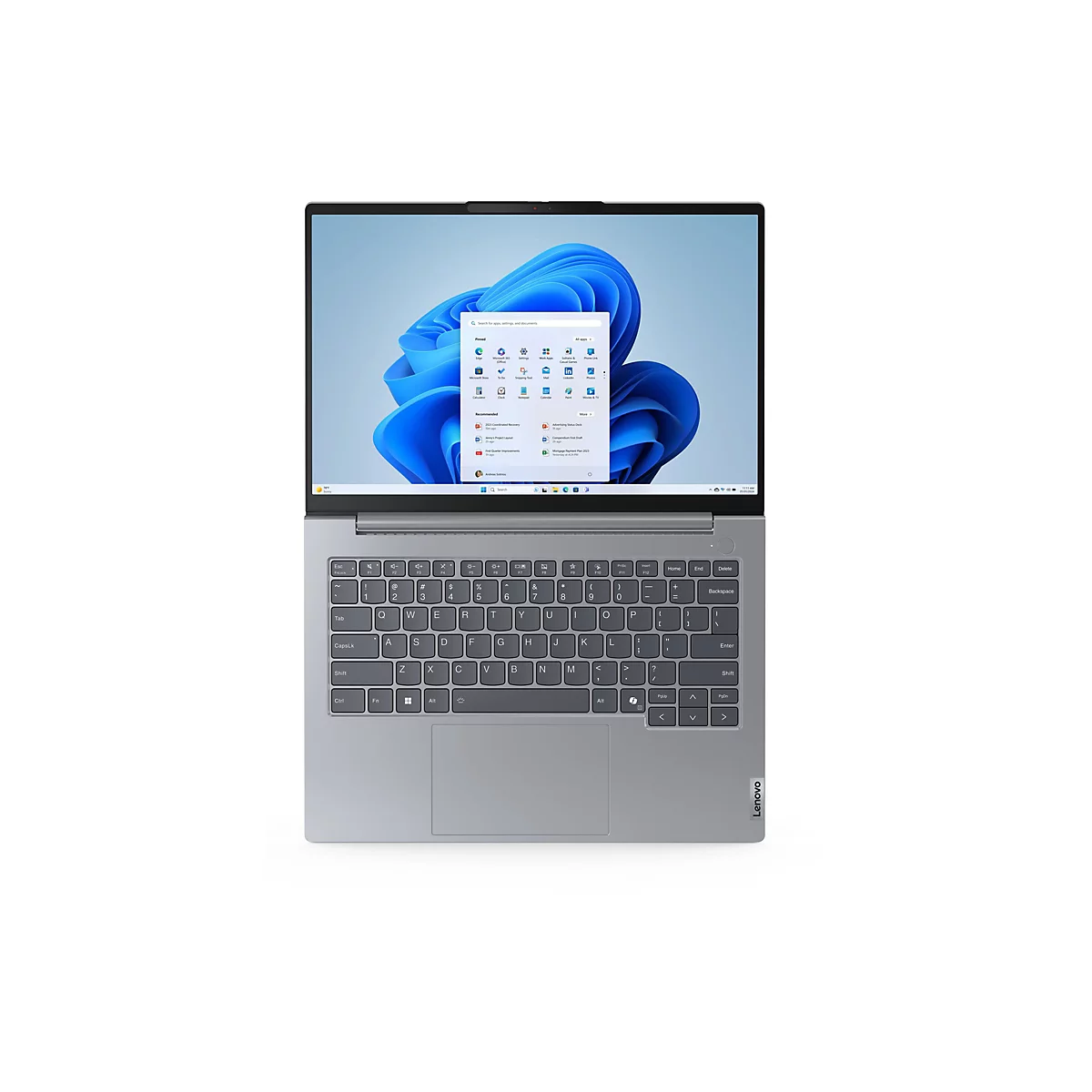 Ein silberfarbener Laptop mit geÃ¶ffnetem Bildschirm, der ein Windows 11-Fenster zeigt.