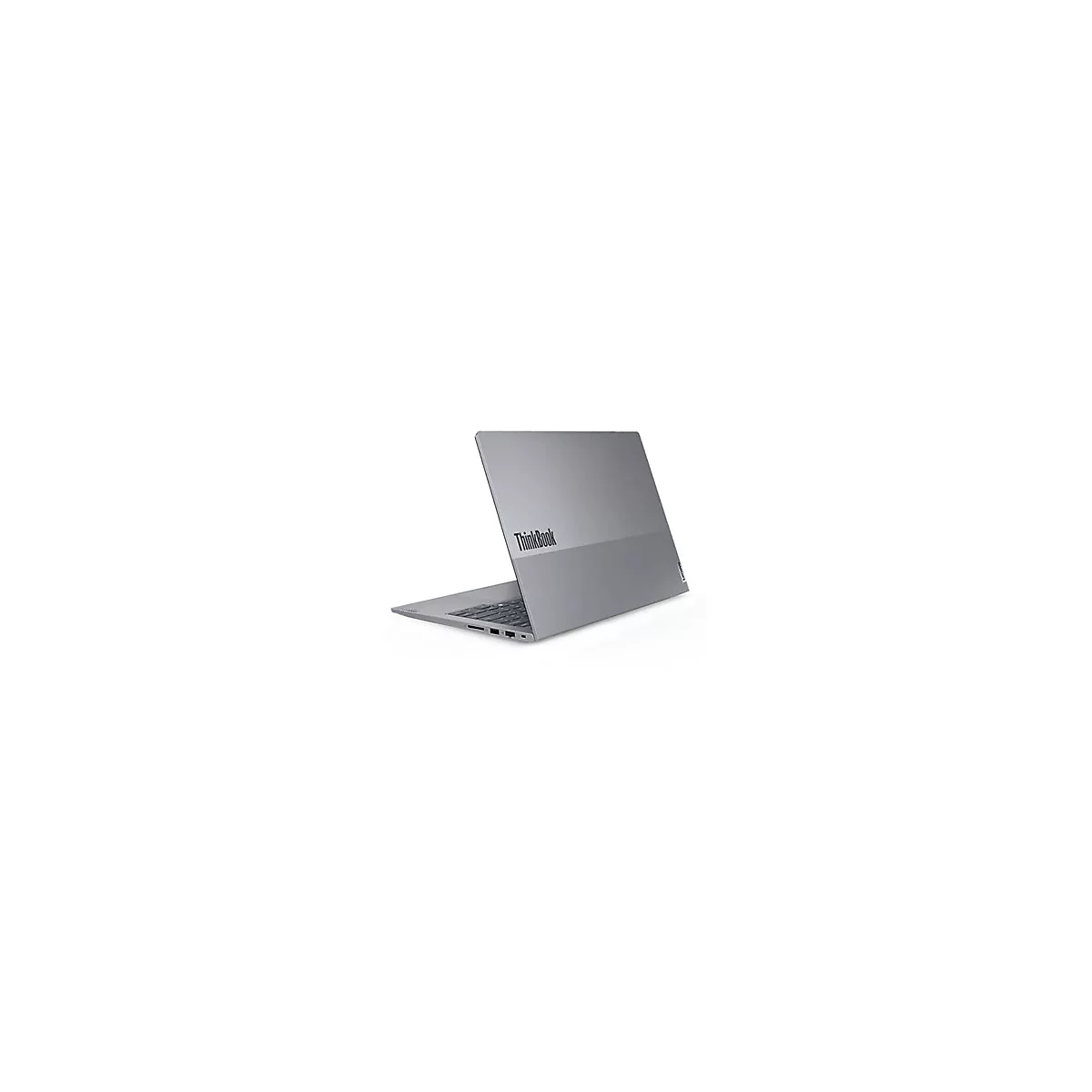 Grauer Laptop ThinkBook, halb geÃ¶ffnet. Auf dem Deckel steht der Markenname in schwarzer Schrift.