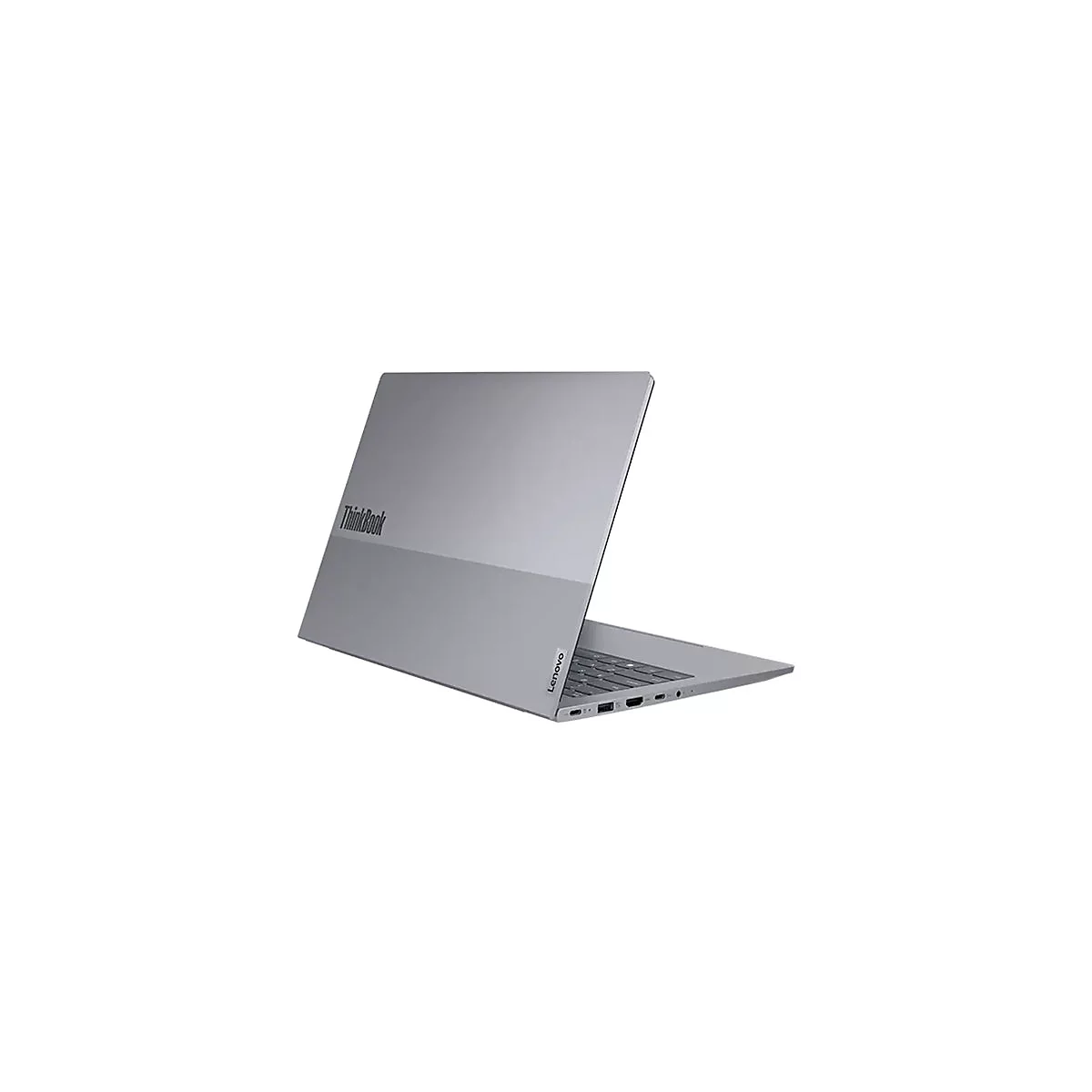Graues ThinkBook-Laptop von Lenovo in leicht angewinkelter Ansicht vor weißem Hintergrund.