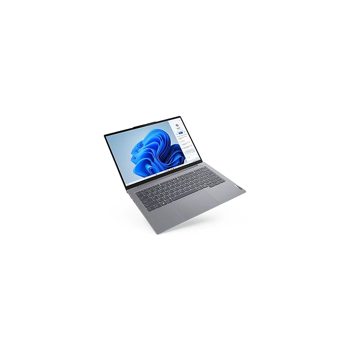 Grauer Laptop, geÃ¶ffnet, zeigt Windows 11 Hintergrund, Tastatur, Lenovo Logo. Auf weiÃŸem Hintergrund.
