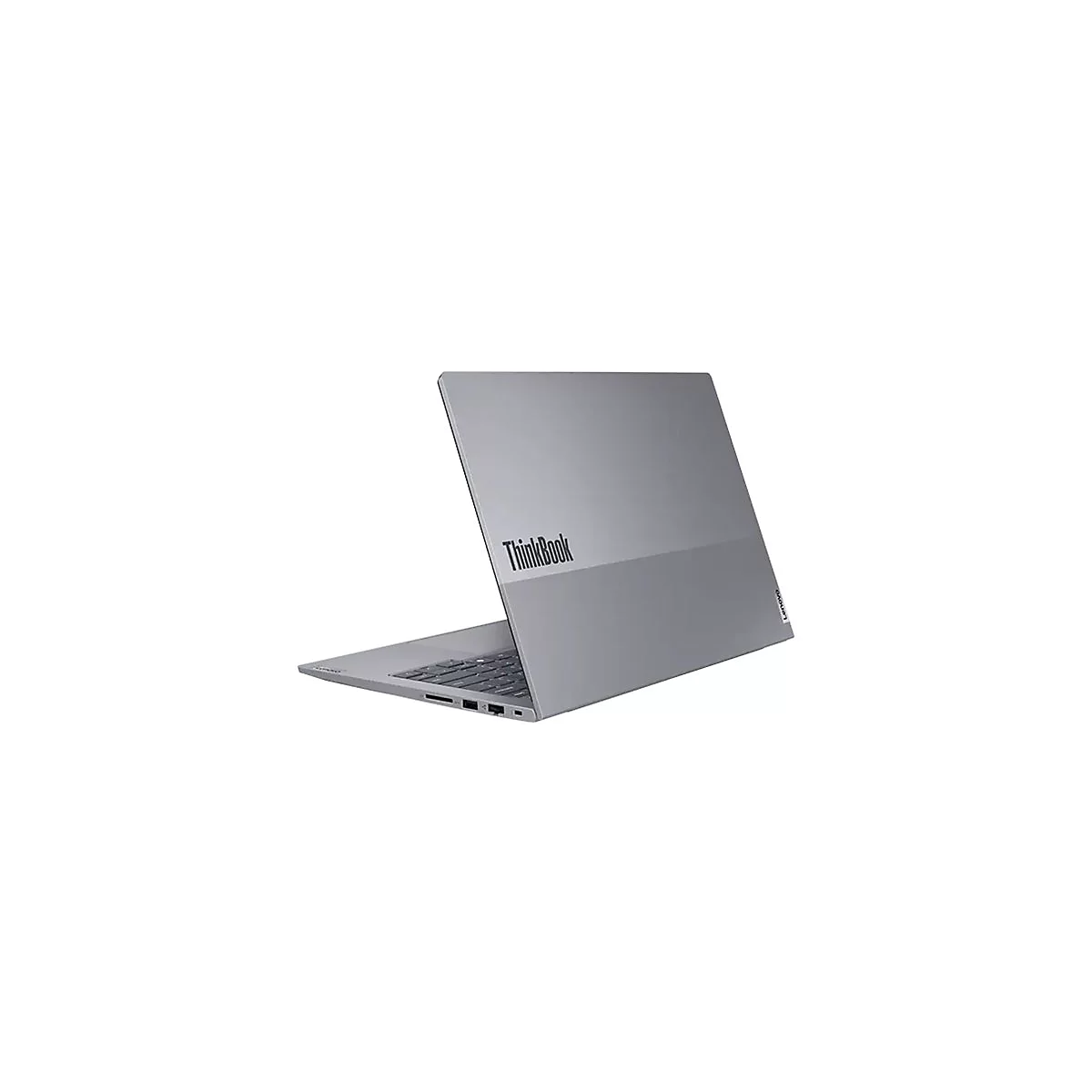 Grauer Laptop von hinten leicht geöffnet, ThinkBook-Logo, Lenovo-Schriftzug.