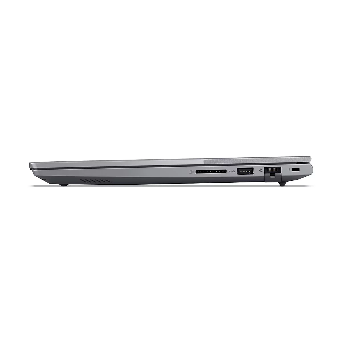 Grauer Laptop im Profil, Detailansicht der Anschlüsse. USB-Anschlüsse, Netzteil und Speicherkartenleser.