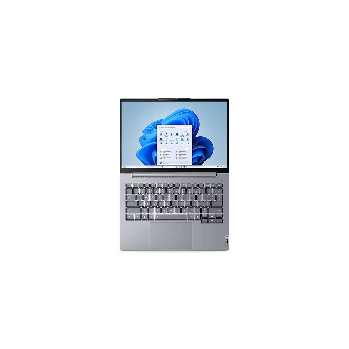 Grauer Laptop mit offenem Bildschirm, Tastatur und Touchpad. Der Bildschirm zeigt das Windows-Logo.