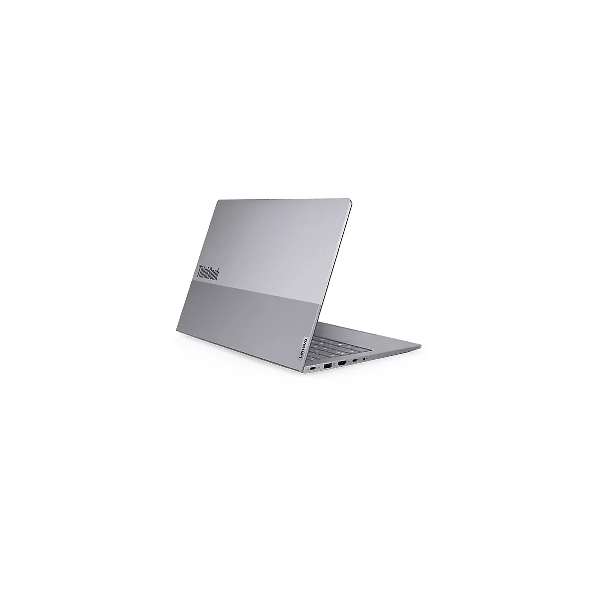 Grauer Laptop ThinkBook, leicht geöffnet. Auf der oberen rechten Ecke ist das Lenovo-Logo zu sehen.