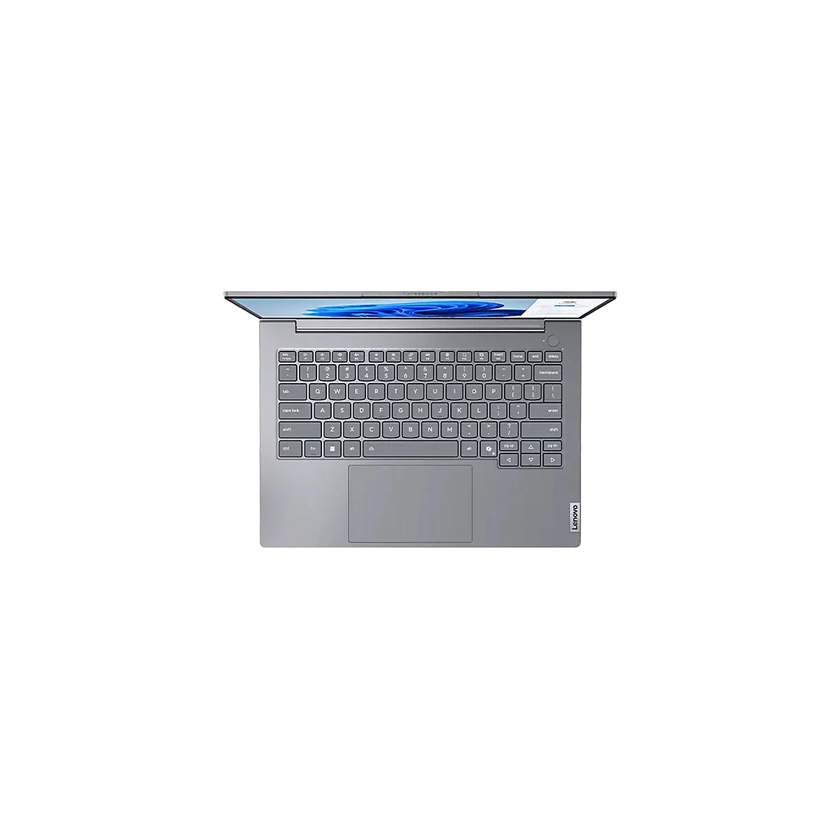 Draufsicht auf ein graues Lenovo ThinkBook-Notebook, Tastatur und Touchpad sind deutlich zu sehen.