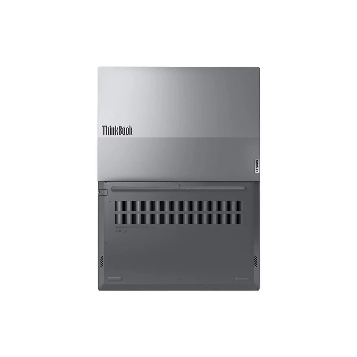 Ansicht von unten eines grauen Laptops mit ThinkBook-Logo. Die Lenovo-Marke ist ebenfalls deutlich zu sehen.