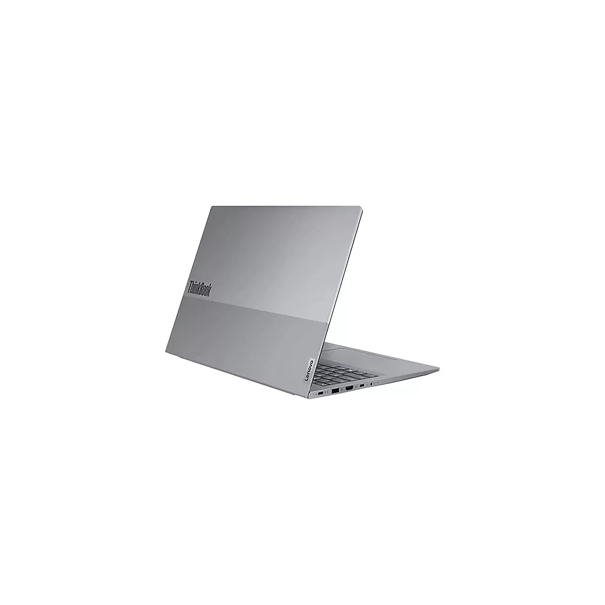 Graues Lenovo ThinkBook-Laptop, teilweise geöffnet, diagonaler Blickwinkel. Auf der Rückseite steht ThinkBook und Lenovo.