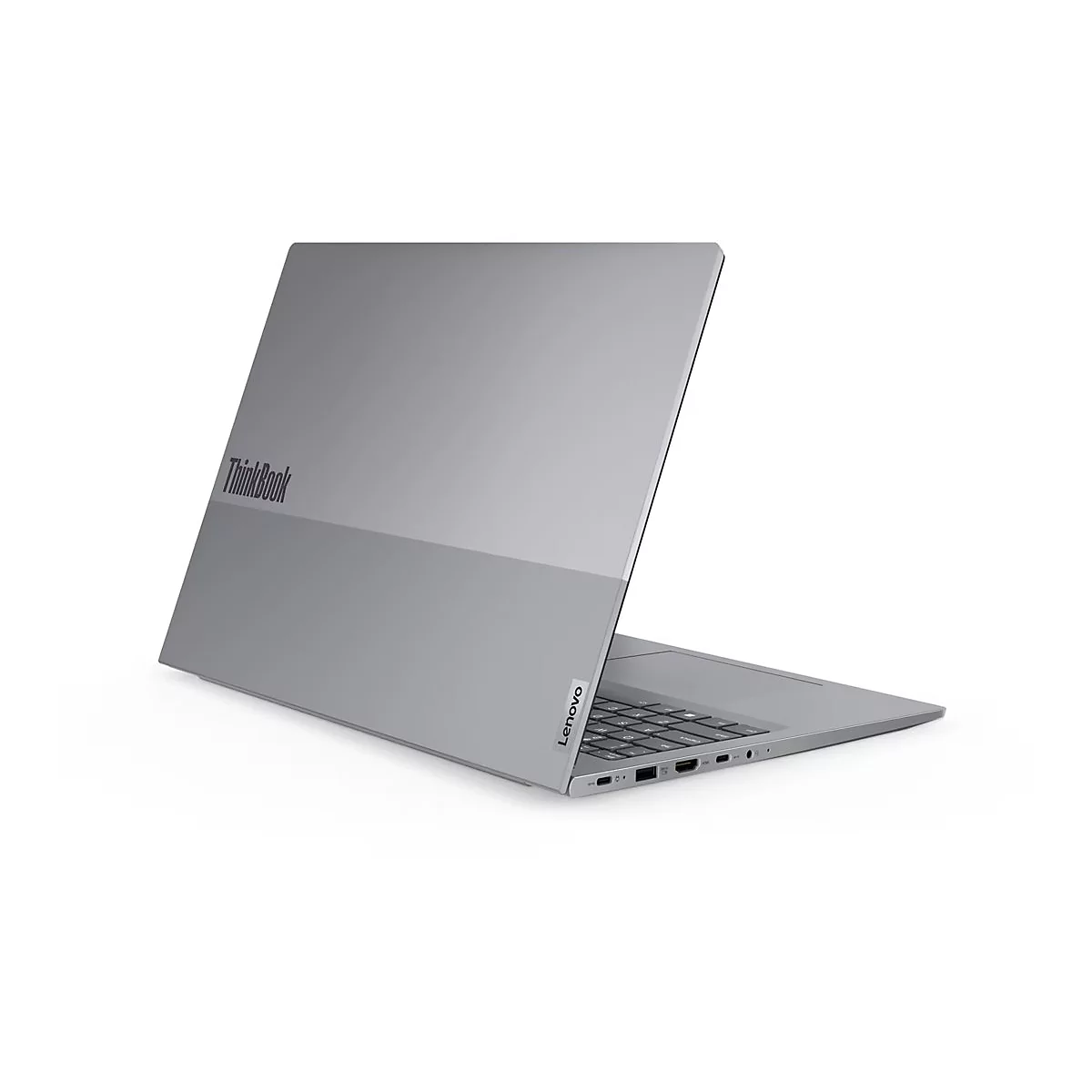 Graues ThinkBook-Laptop, halb geöffnet, zeigt Tastatur und Lenovo-Logo. Auf weißem Hintergrund.