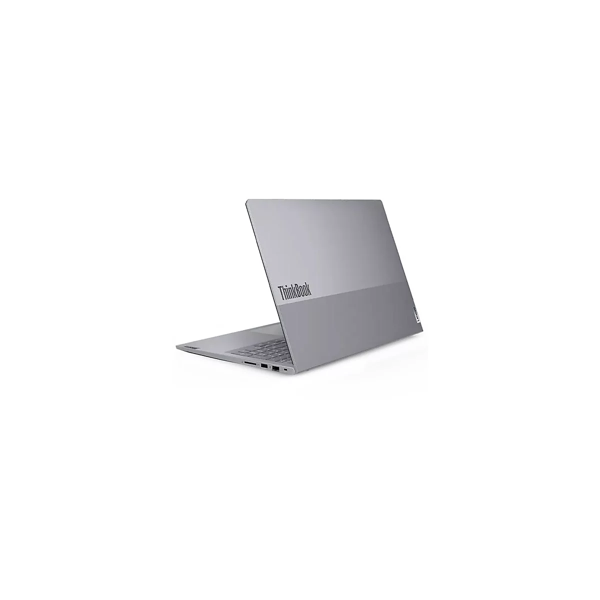 Ein graues Lenovo ThinkBook Laptop, leicht schräg von hinten gezeigt, mit geöffnetem Bildschirm. Das ThinkBook-Logo ist deutlich sichtbar.
