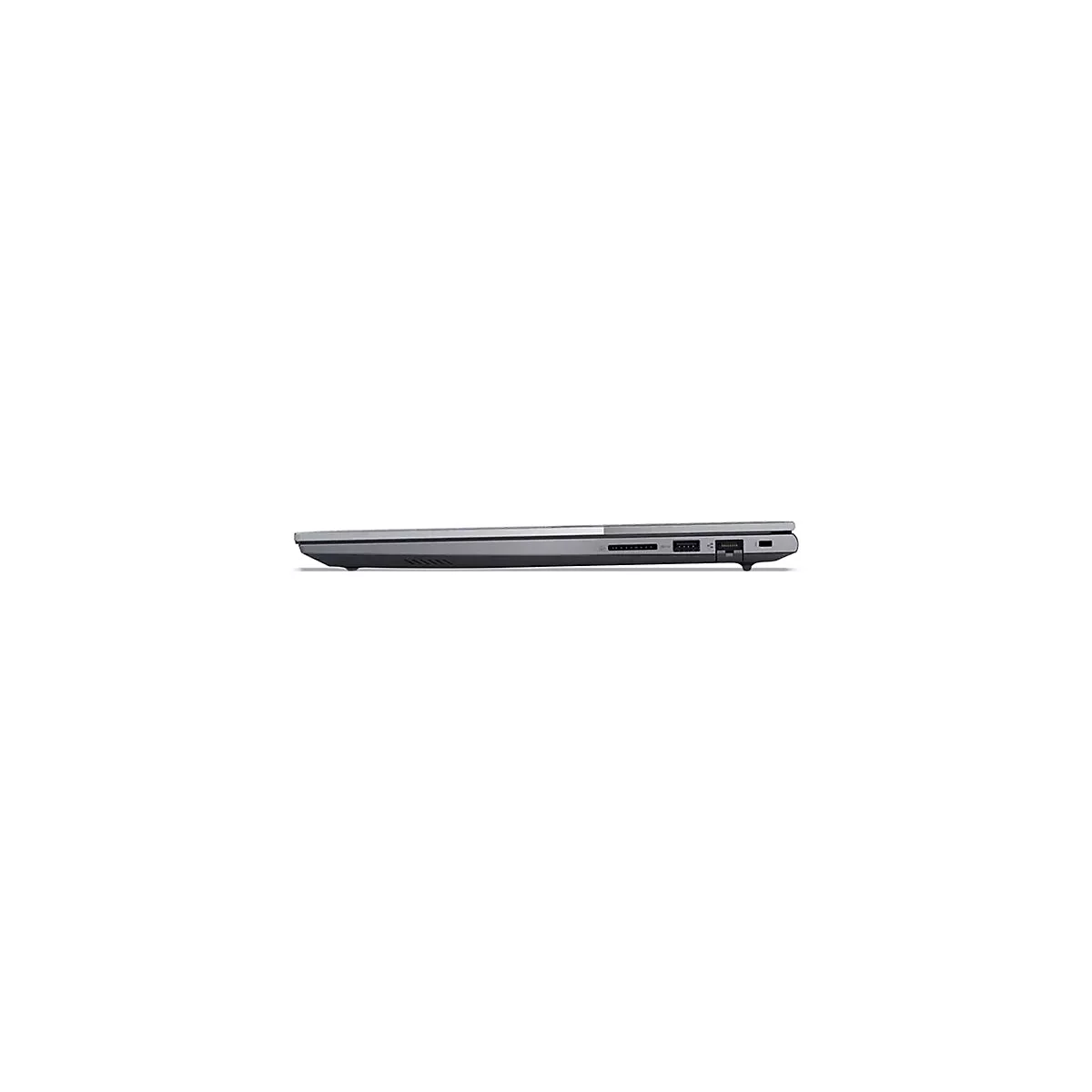 Grauer Laptop im Profil. An der Seite sind Anschlüsse und Lüftungsschlitze zu sehen. Der Hintergrund ist weiß.