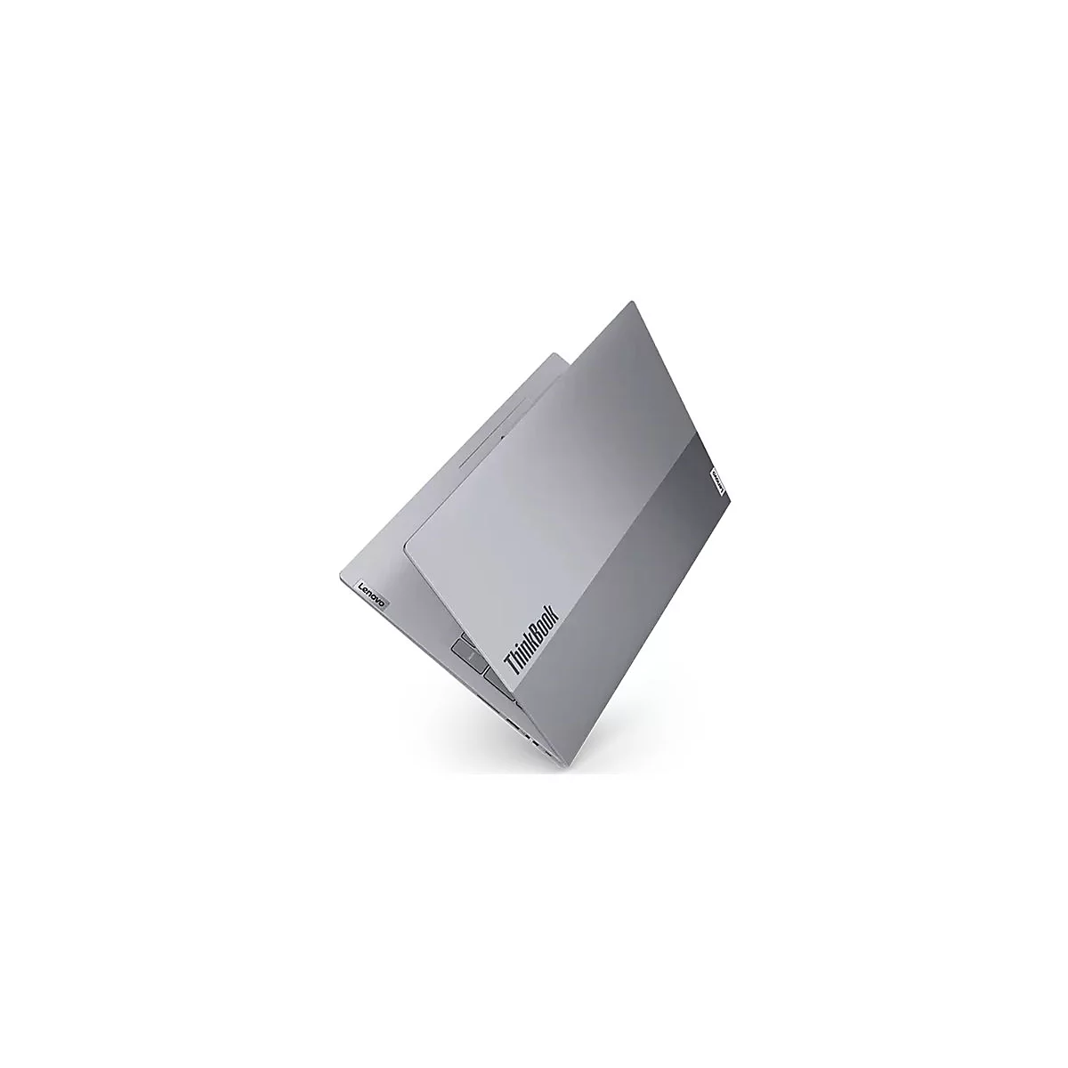 Ein silbernes Lenovo ThinkBook Notebook ist leicht geöffnet, auf weißem Hintergrund abgebildet.