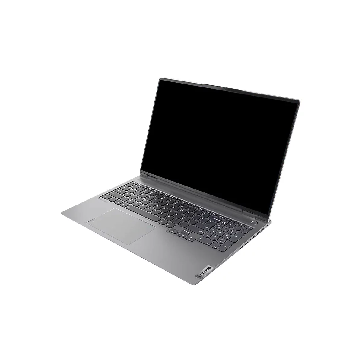 Grauer Laptop, leicht schräg von oben aufgenommen. Schwarzer Bildschirm, Tastatur, Touchpad und Lenovo-Logo.