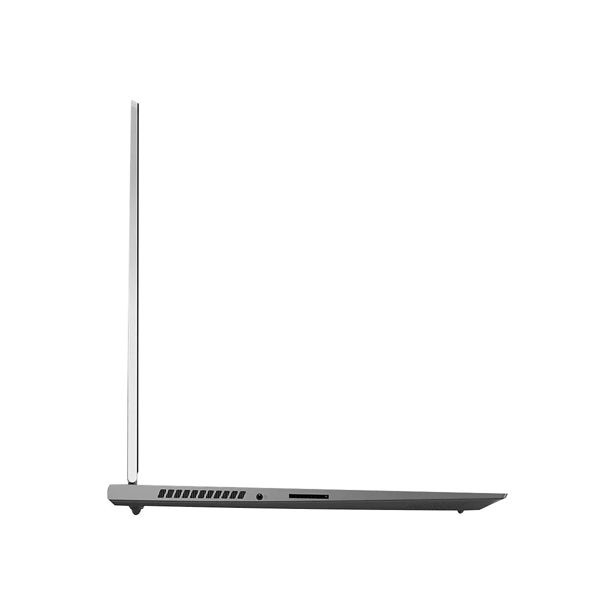 Grauer Laptop im Profil. Geöffneter Bildschirm, sichtbare Anschlüsse und Lüftungsschlitze.