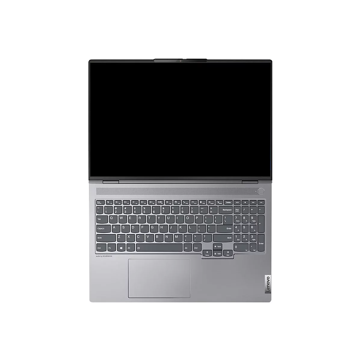 Hellgraues Laptop von oben, geöffnet. Die Tastatur ist deutlich zu sehen. Auf dem Bildschirm ist ein schwarzer Hintergrund.