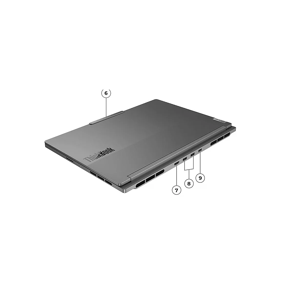 Ein graues ThinkBook-Laptop aus der Vogelperspektive. Mehrere Anschlüsse sind zu sehen.