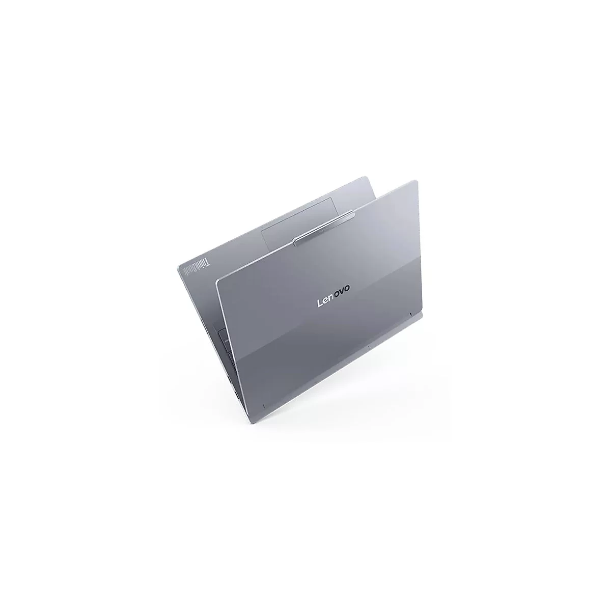 Grauer Laptop von Lenovo. Geöffnet, Blick auf die Oberseite. Aufschrift Thinkbook und Lenovo.