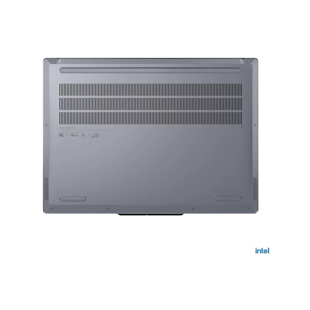 Grauer Laptop von unten gesehen, mit Lüftungsschlitzen und technischen Details.
