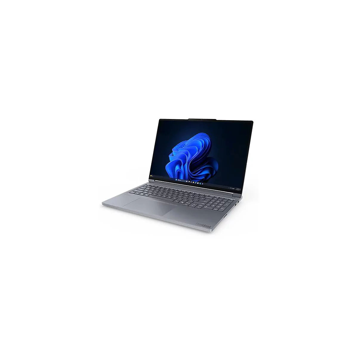 Grauer Laptop mit offenem Display. Auf dem Bildschirm ist ein blaues, abstraktes Muster zu sehen. Das ThinkBook Logo ist auf der Oberfläche.