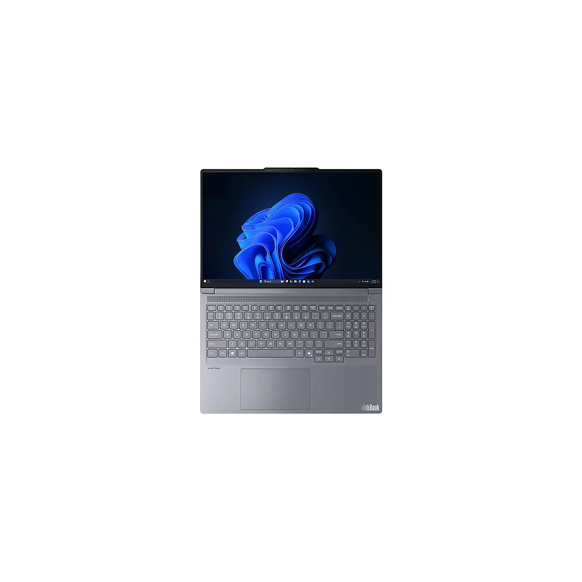 Grauer Laptop, von oben gezeigt, mit beleuchtetem Bildschirm, auf dem ein blaues abstraktes Muster zu sehen ist, und einer Tastatur.