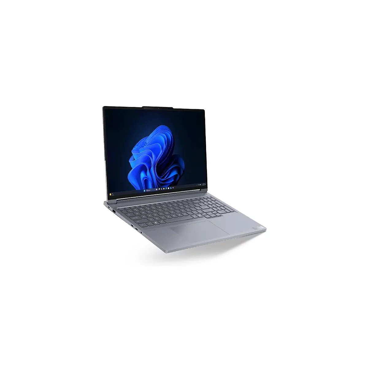 Grauer Laptop mit offenem Display. Auf dem Bildschirm ist ein blaues Windows-Hintergrundbild zu sehen.