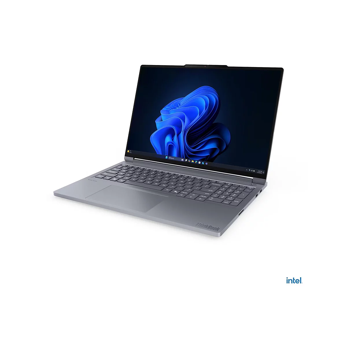 Grauer Laptop mit Windows-Hintergrund auf weißem Grund. Die Tastatur und das Display sind gut sichtbar. Auf dem Display ist ein Windows-Hintergrund zu sehen.