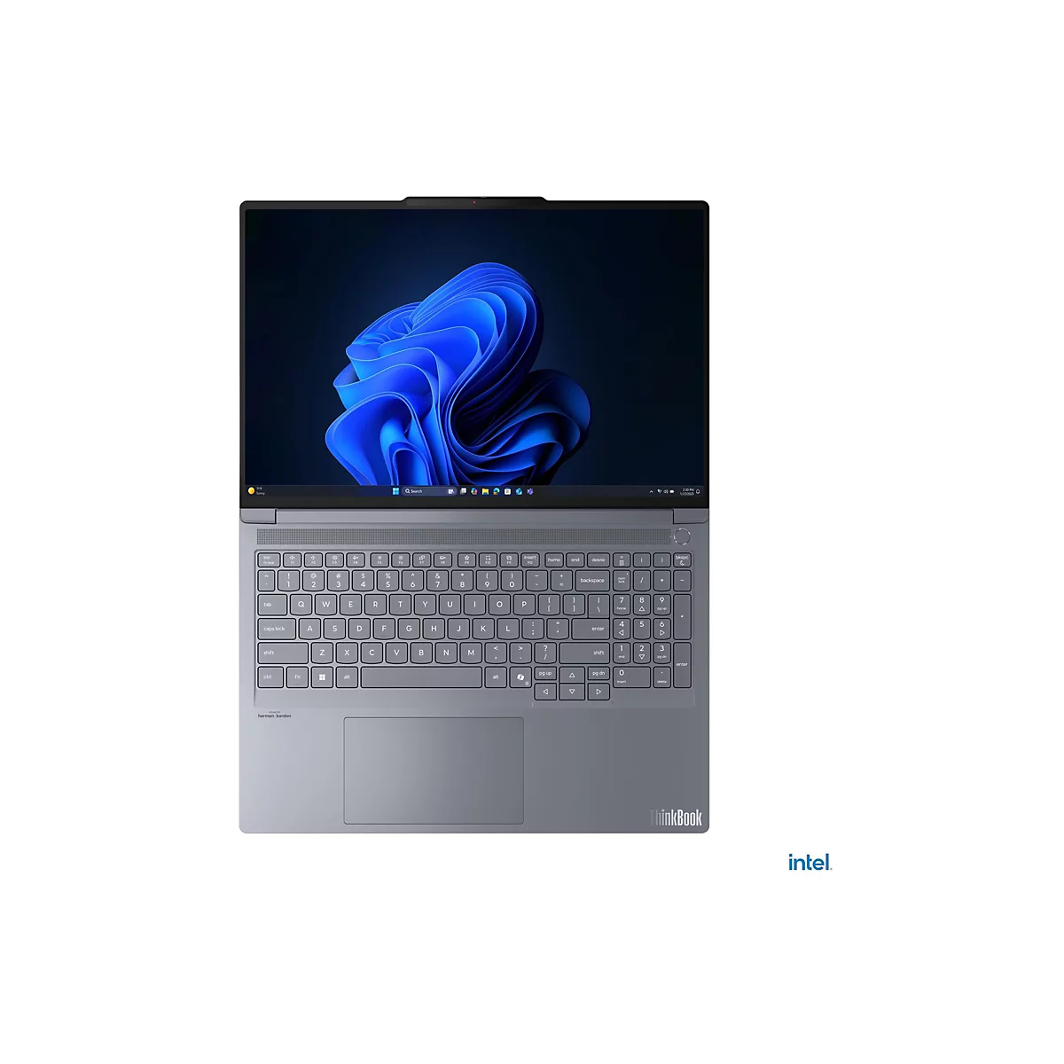 Ein grauer Laptop, der offen auf einer weißen Oberfläche liegt. Auf dem Bildschirm ist ein blaues, abstraktes Design zu sehen. Die Tastatur und das Touchpad sind deutlich sichtbar.