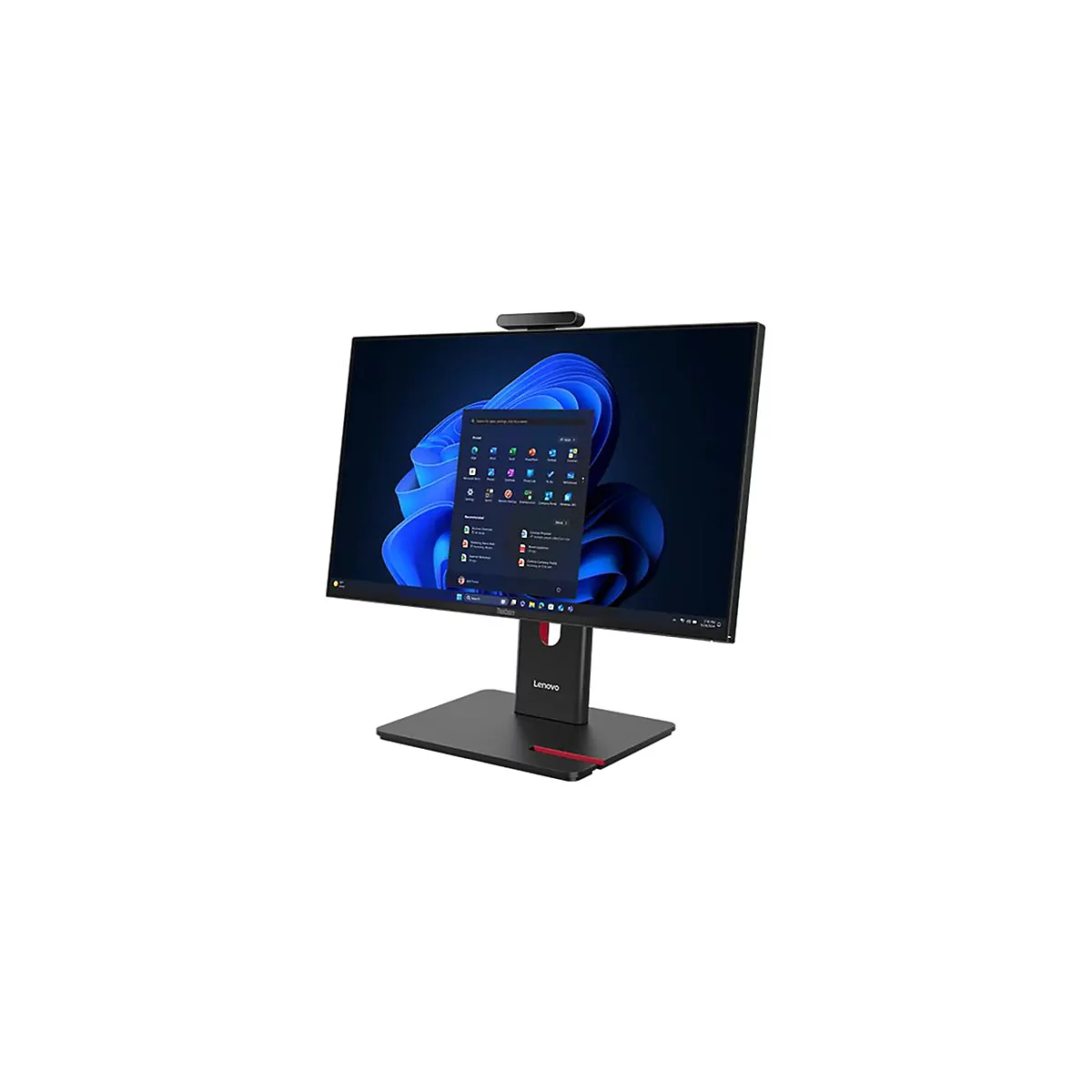 Ein Lenovo All-in-One-PC auf weißem Hintergrund. Der Bildschirm zeigt ein Windows-Menü. Auf dem Monitor befindet sich eine Webcam.