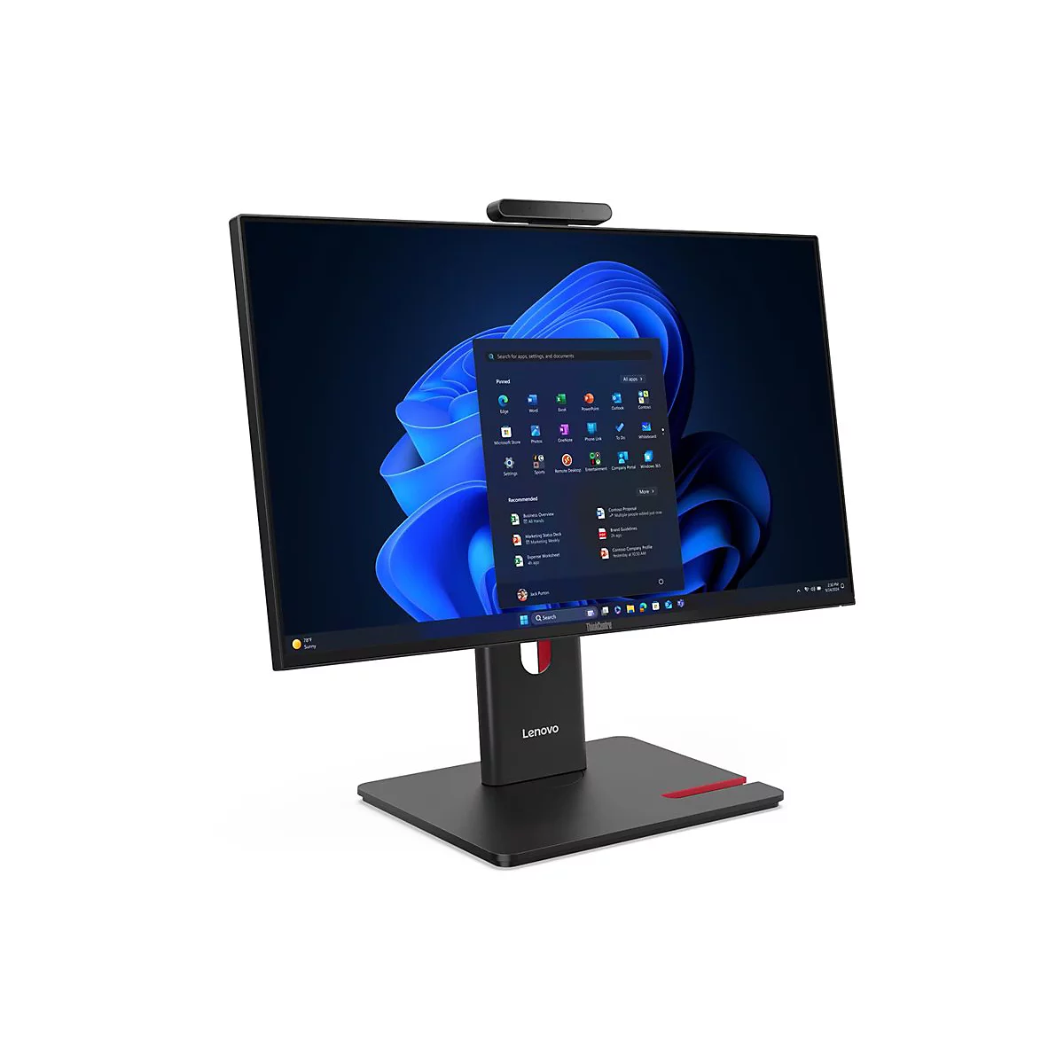 Ein schwarzer Lenovo ThinkCentre All-in-One-PC. Auf dem Bildschirm Windows 11 mit Apps. Oben eine Webcam.