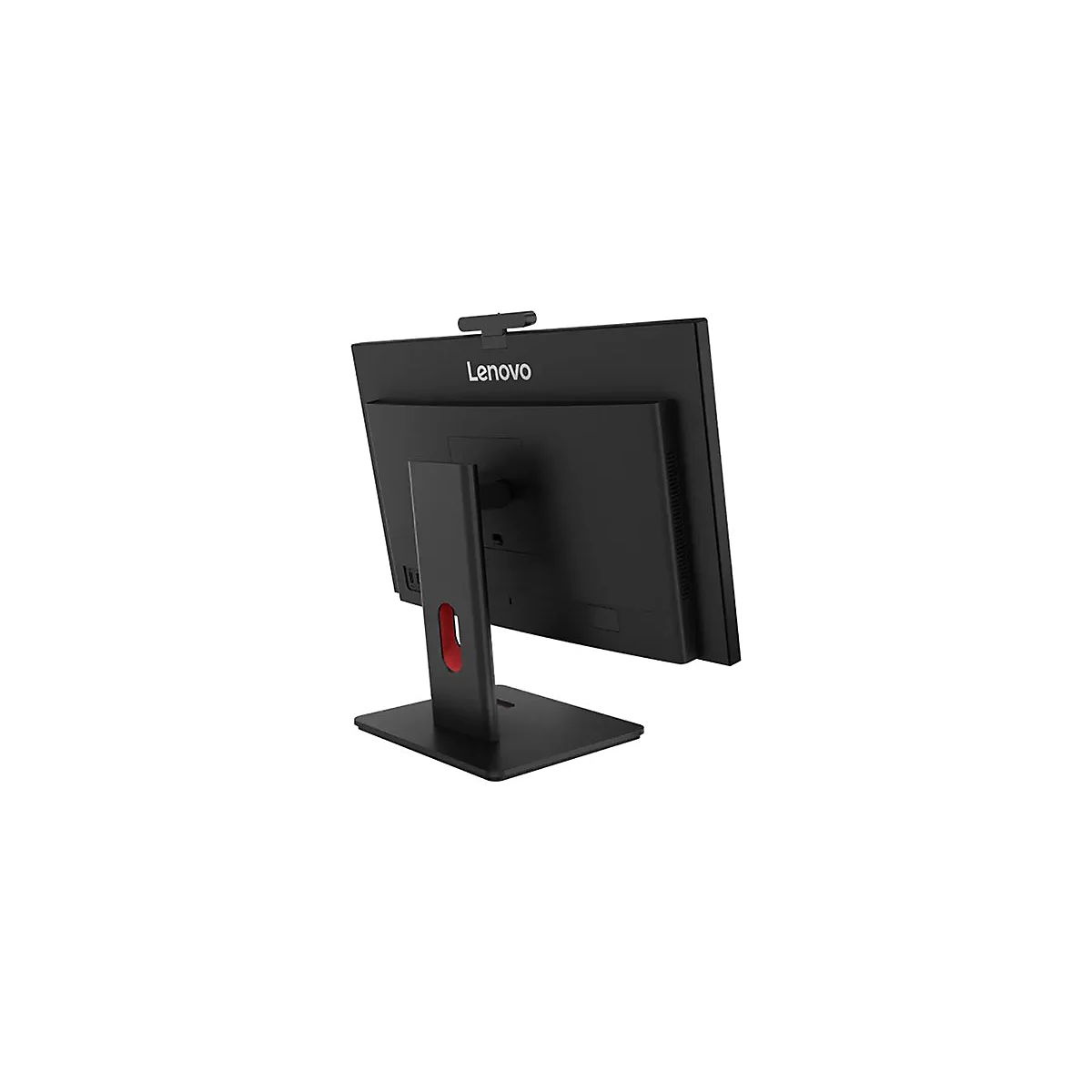 Schwarzer Lenovo-Monitor, Rückansicht. Rot umrandetes Loch im Ständer, Webcam auf dem Monitor.