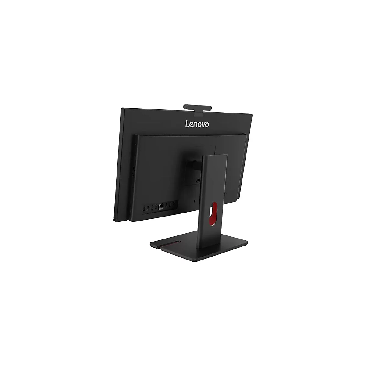 Schwarzer Lenovo All-in-One-PC, Rückansicht; rote Akzente an der Halterung.