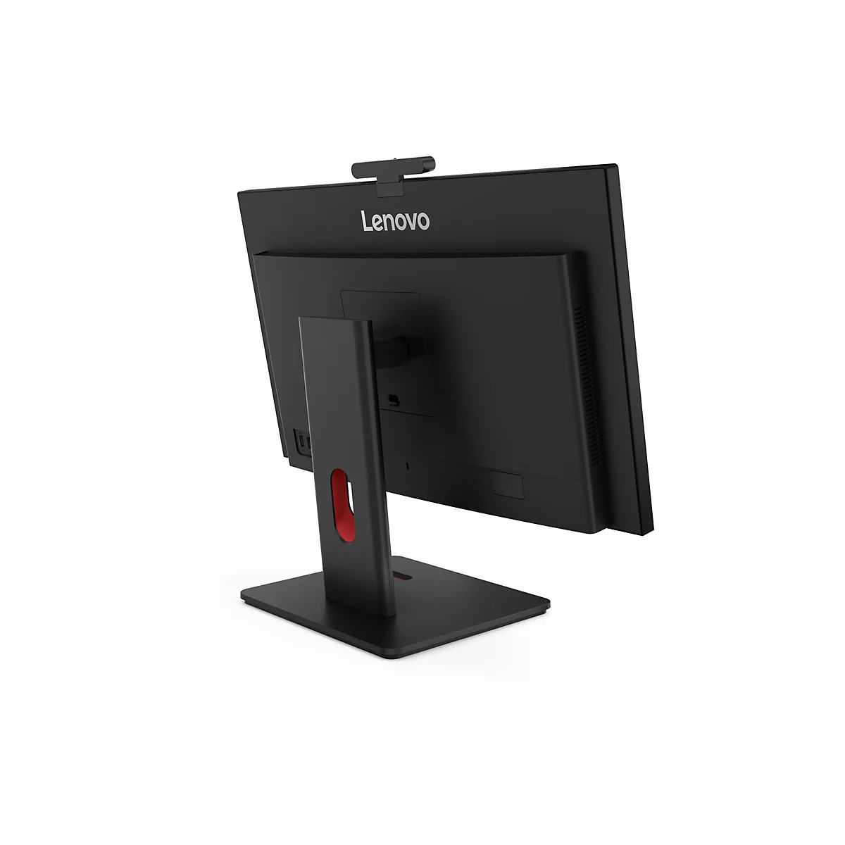 Ein schwarzer Lenovo All-in-One-Computer. Der Monitor steht auf einem schwarzen Standfuß. Das Lenovo Logo befindet sich oben auf dem Monitor. Auf der Rückseite des Monitors befindet sich eine Webcam.