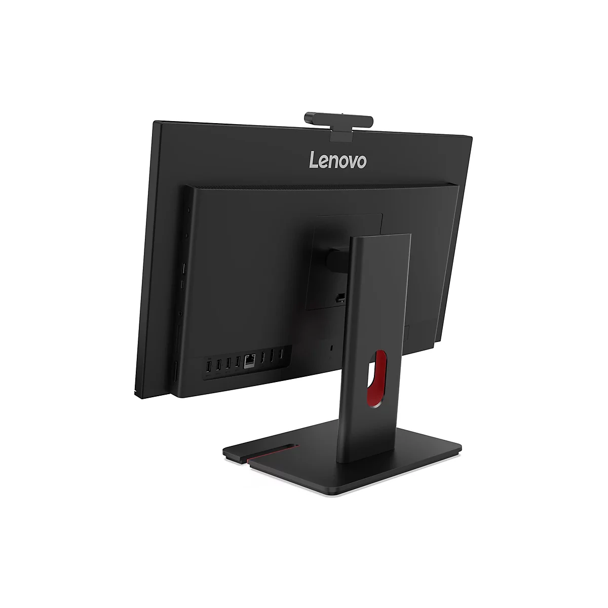 Ein schwarzer Lenovo All-in-One-PC von hinten, mit Anschlussleiste und roter Akzentfarbe am Standfuß.