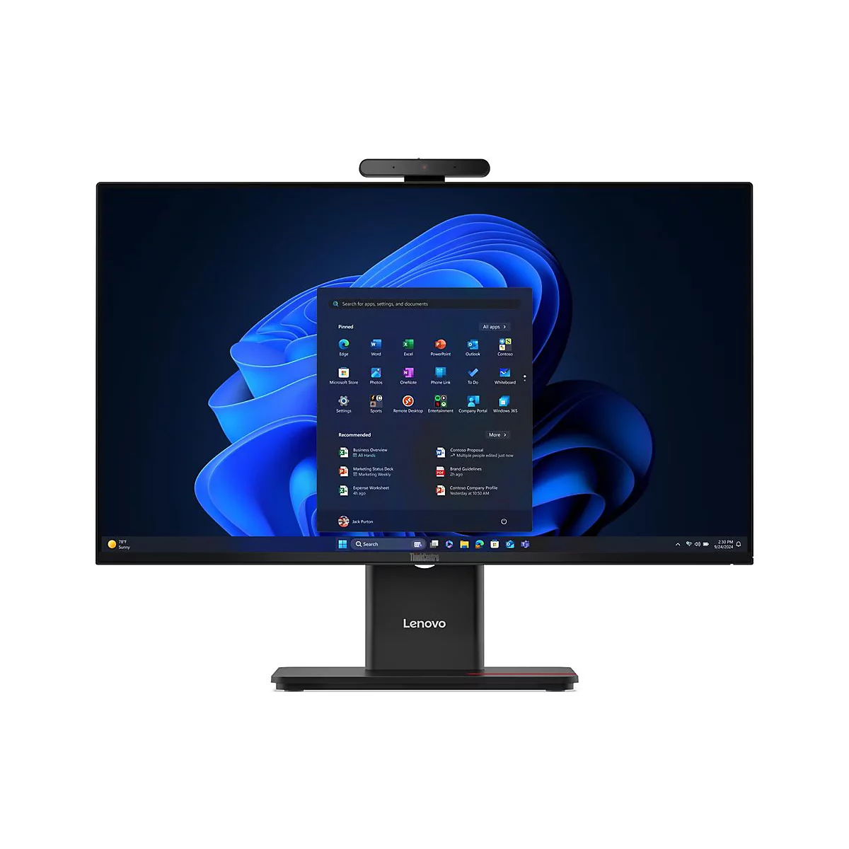 Ein schwarzer Lenovo-Monitor mit Webcam. Auf dem Bildschirm wird ein Windows-Desktop mit App-Symbolen angezeigt. Lenovo-Logo unten.