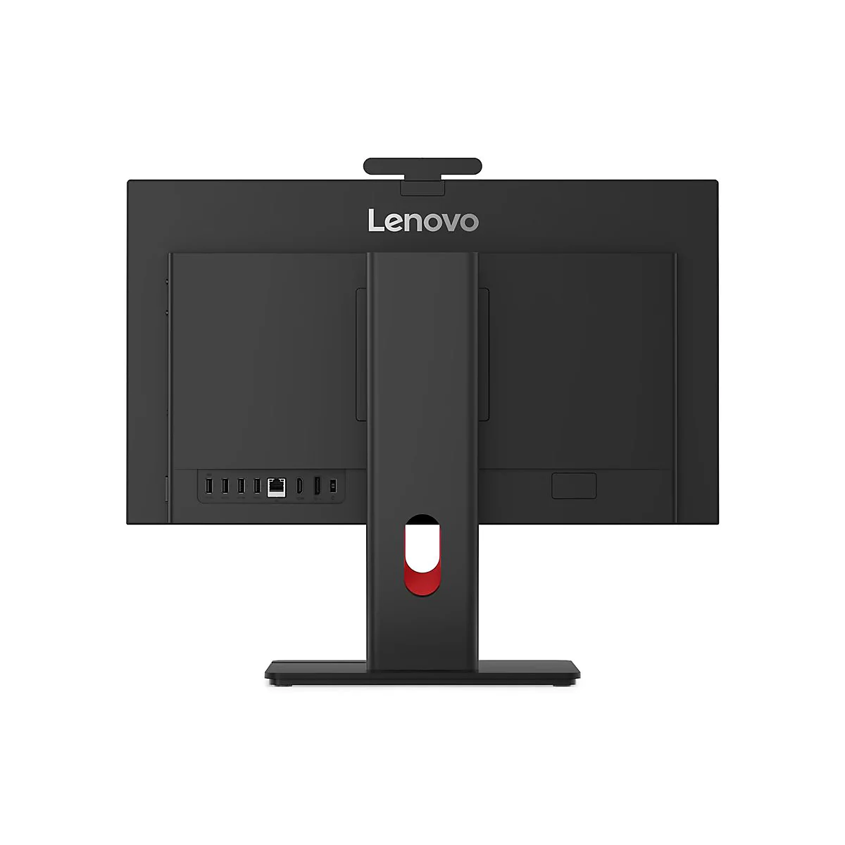 Schwarzer Lenovo All-in-One-PC von hinten mit Anschlüssen und Standfuß.