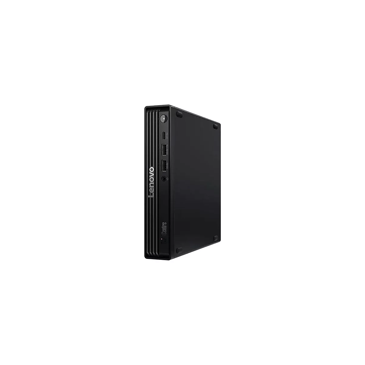 Schwarzer Lenovo ThinkCentre Mini-PC. Vorderseite mit Logo, Anschlüssen. Auf weißem Hintergrund.