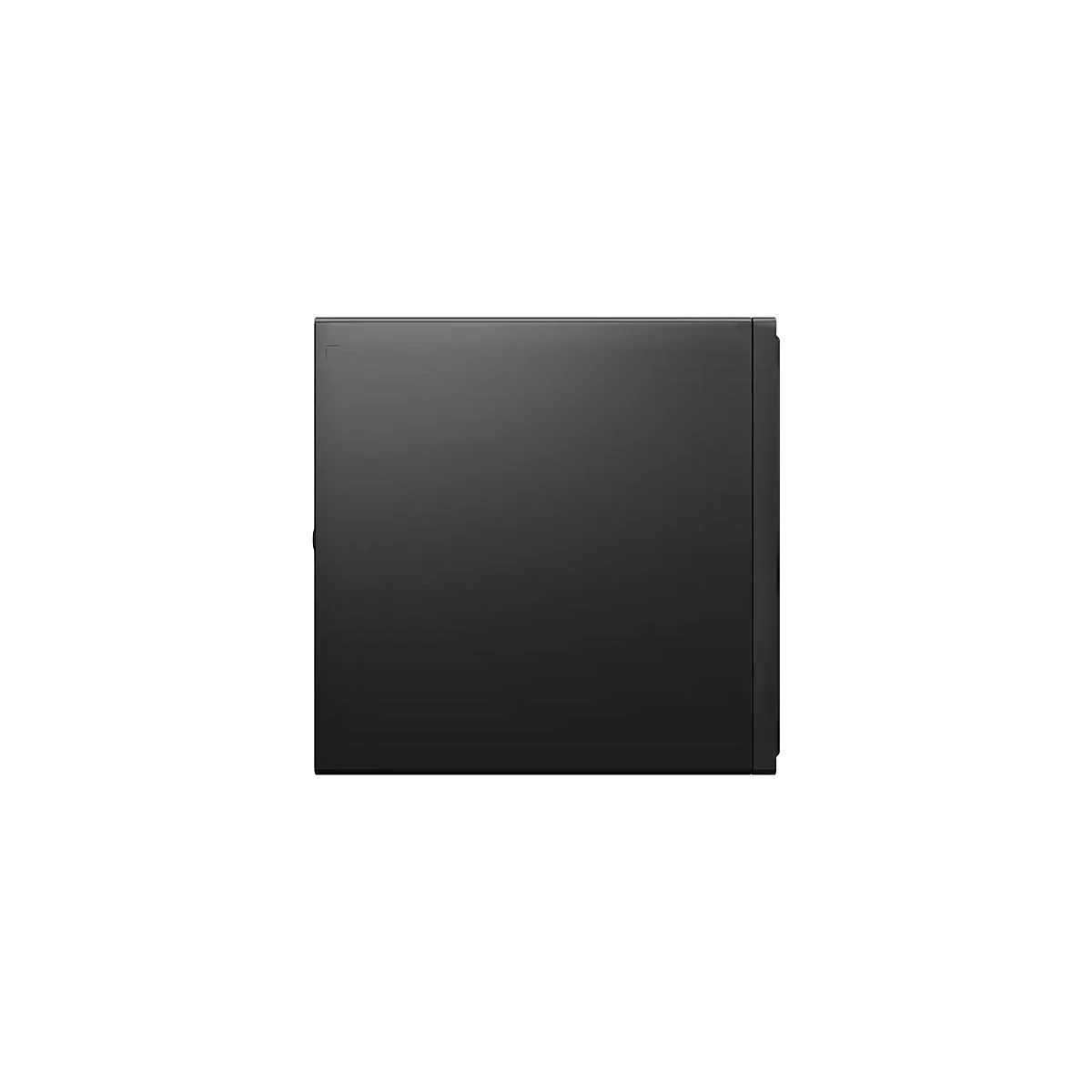 Ein schwarzer Desktop-PC auf weißem Hintergrund. Von der Seite betrachtet.