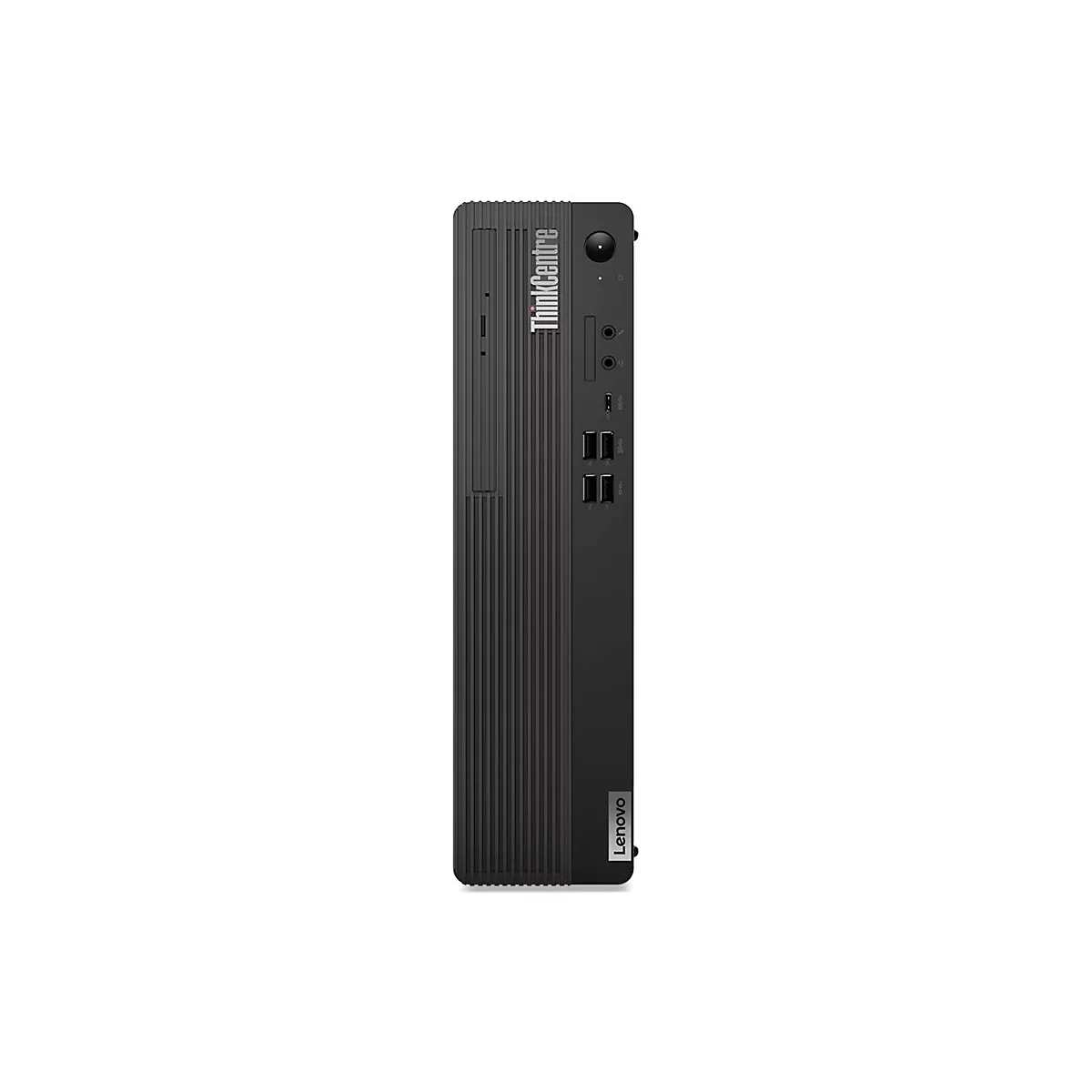 Schwarzer Lenovo ThinkCentre Desktop-PC. Das Gerät ist länglich und steht aufrecht, mit Anschlüssen auf der Vorderseite.