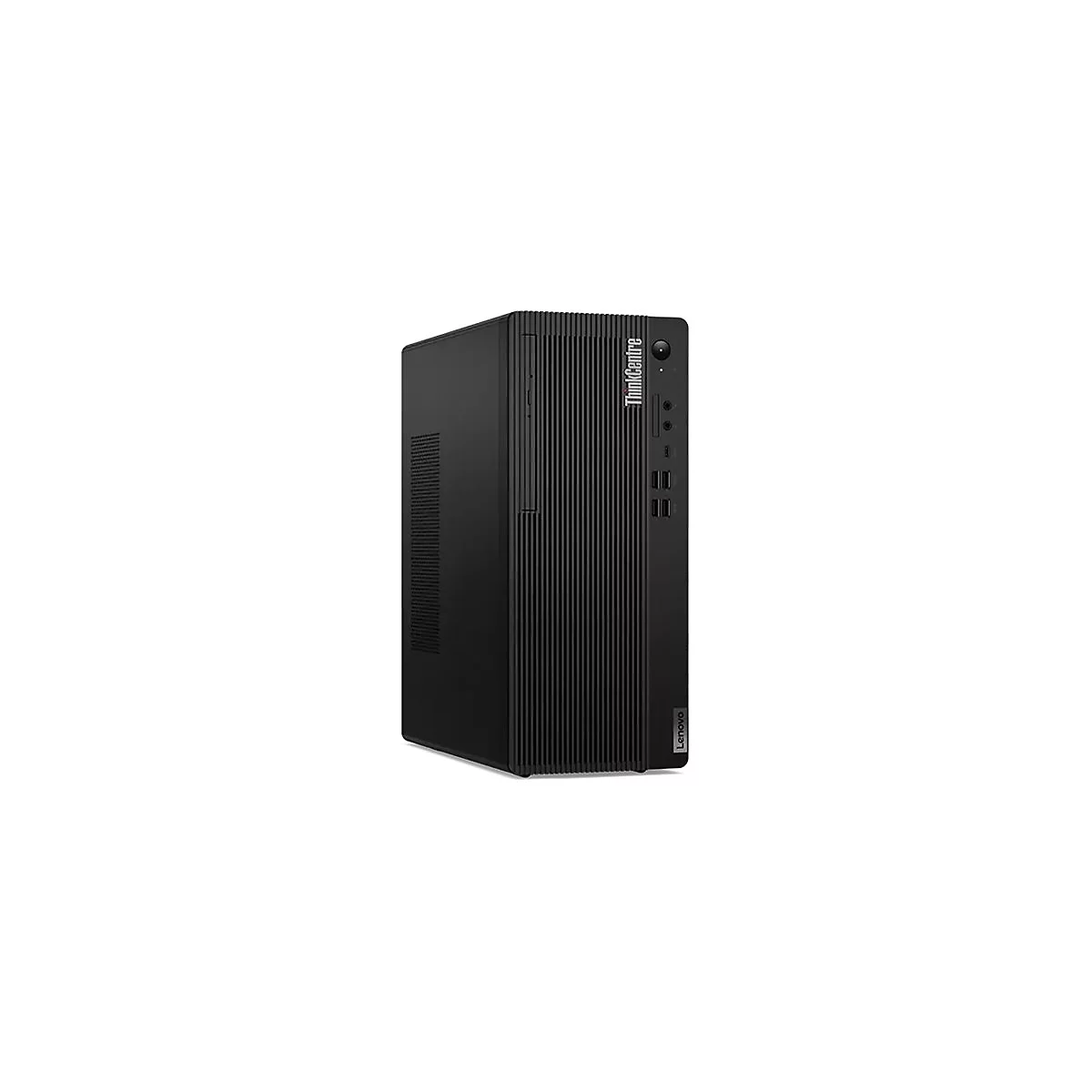 Ein schwarzer Lenovo ThinkCentre Tower-PC vor weiÃŸem Hintergrund.