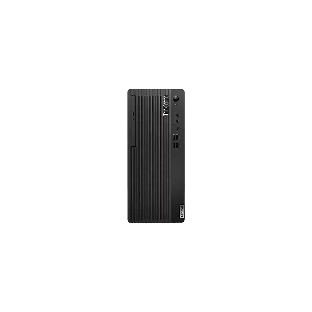 Schwarzer Lenovo ThinkCentre Computer, Frontansicht. Vertikal geriffelte OberflÃ¤che mit AnschlÃ¼ssen und ThinkCentre-Logo.