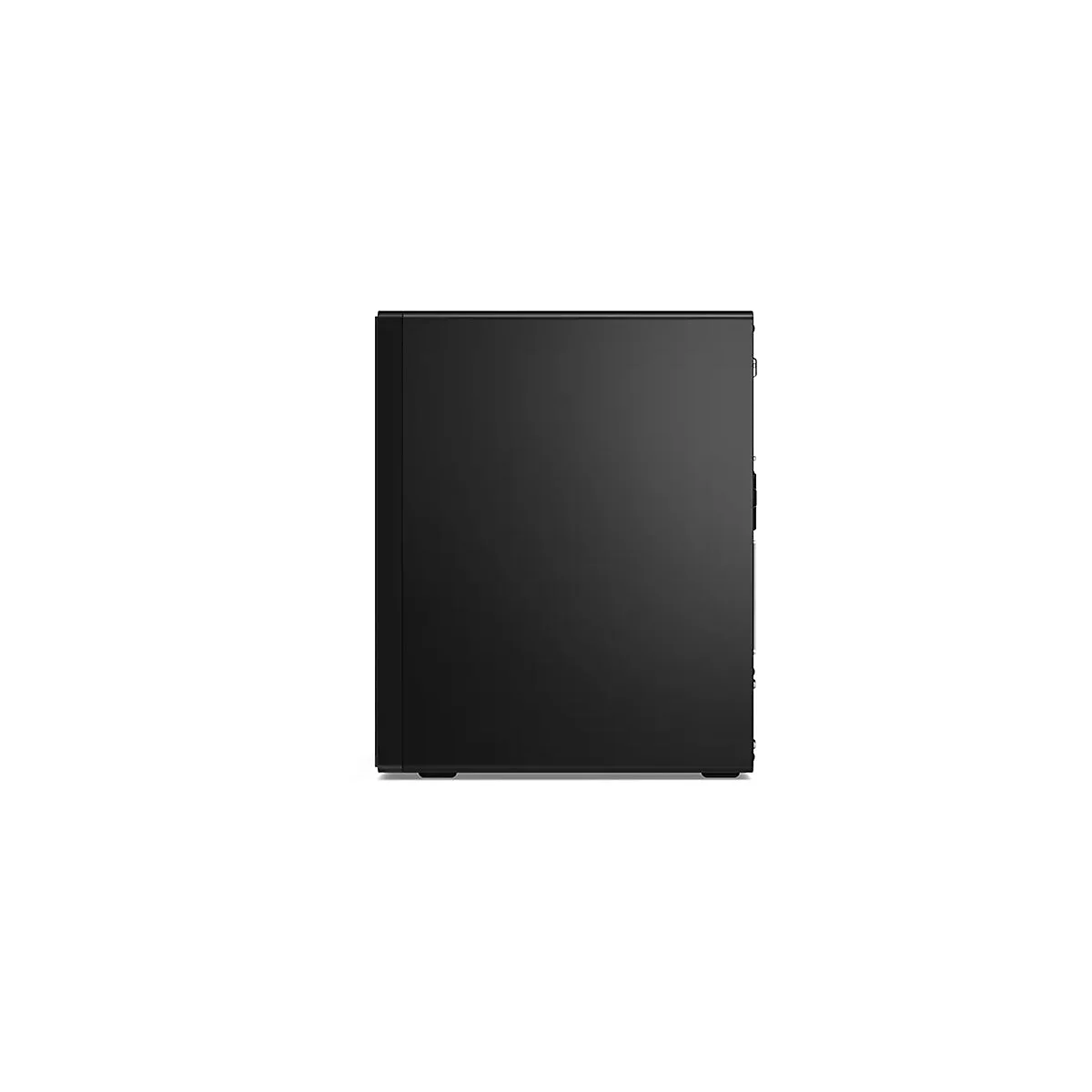Schwarzer PC-Tower vor weiÃŸem Hintergrund. Die Seite zeigt eine glatte, matte OberflÃ¤che. An der rechten Seite befinden sich AnschlÃ¼sse.