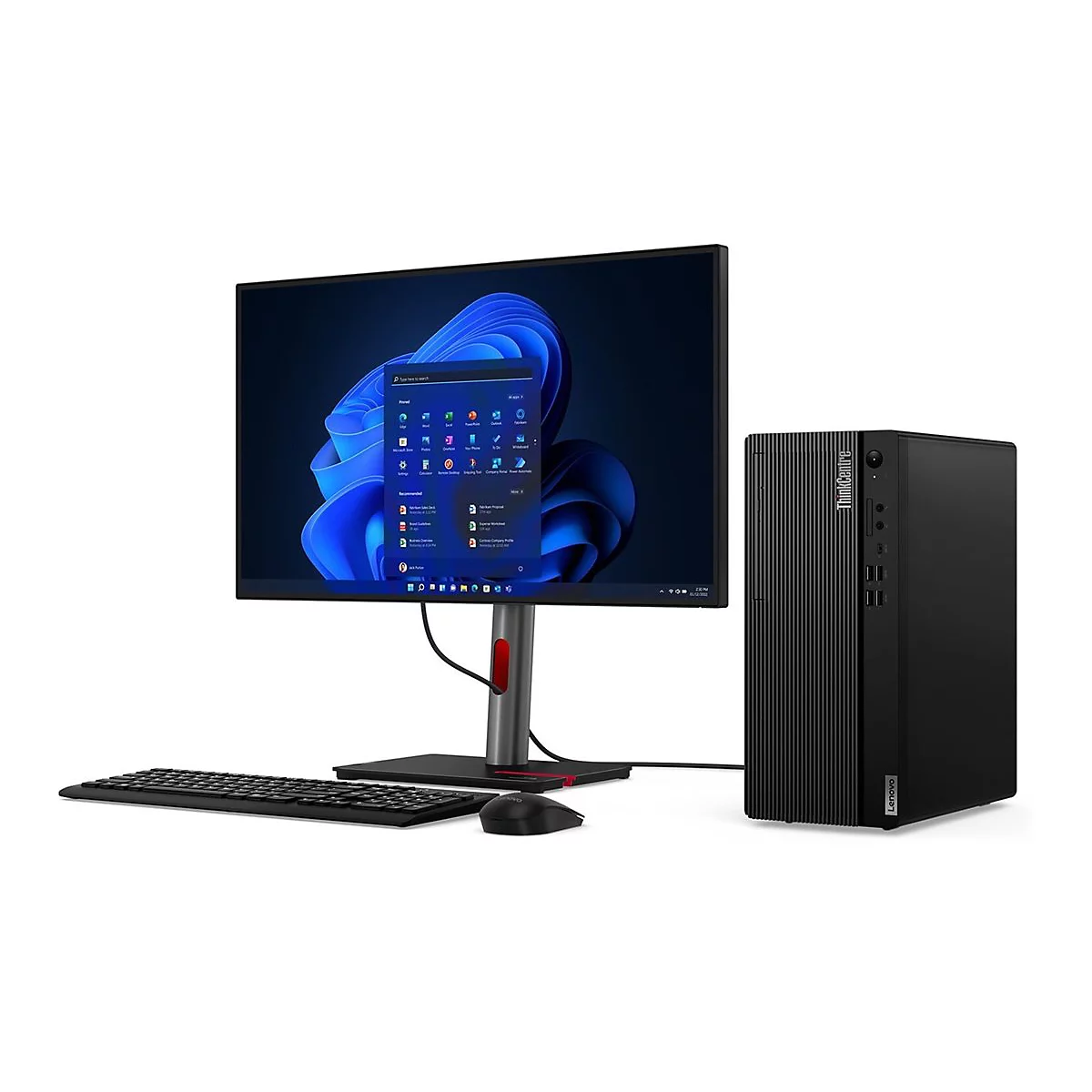 Ein schwarzes Lenovo ThinkCentre-Desktop-Set auf weißem Hintergrund. Der Monitor zeigt eine blaue Windows-Oberfläche, Tastatur und Maus sind unten platziert.