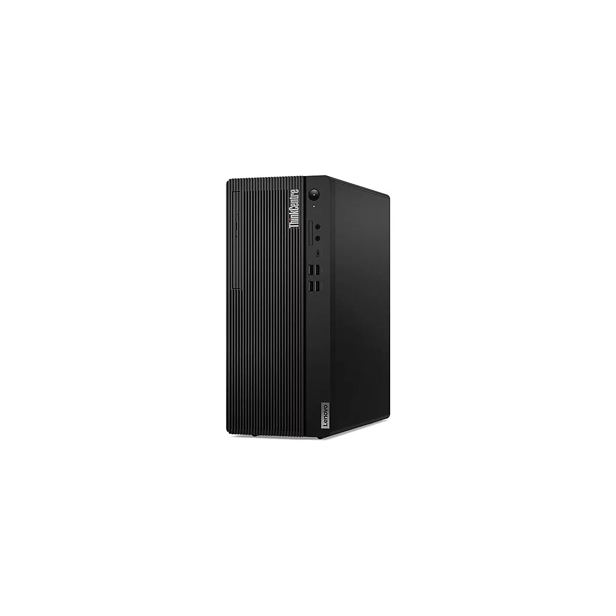 Schwarzer Desktop-PC der Marke Lenovo, ThinkCentre, auf weiÃŸem Hintergrund.