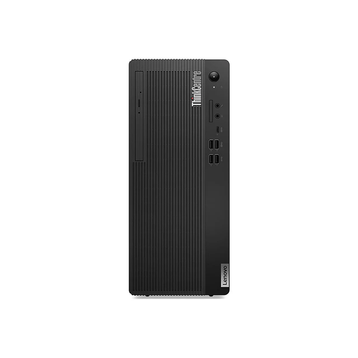 Schwarzer Lenovo ThinkCentre Tower-PC auf weiÃŸem Hintergrund. Auf der Vorderseite sind Tasten, AnschlÃ¼sse und das Lenovo-Logo zu sehen.